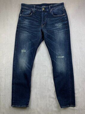 G Star Raw Mens Pants 33 Blue Distressed Denim Jeans 3301 Slim Button Fly 33x30